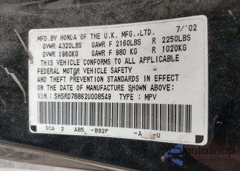 2002 Honda Cr-V Ex from USA, damaged, VIN SHSRD78862U008549